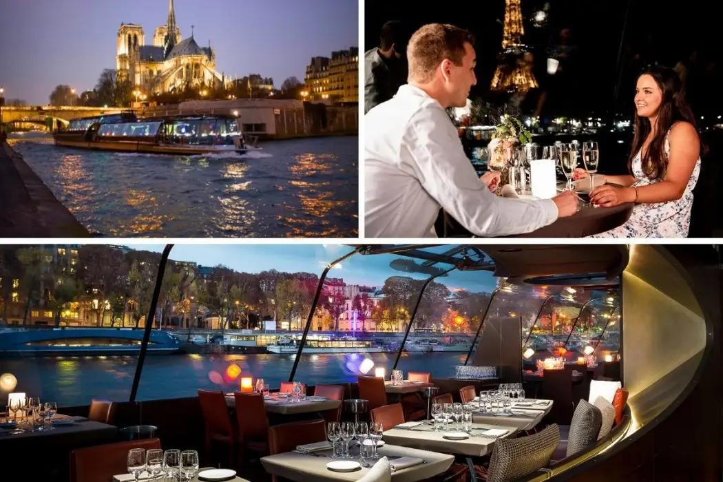 Couple dining on a Seine River cruise with an Eiffel Tower view.
