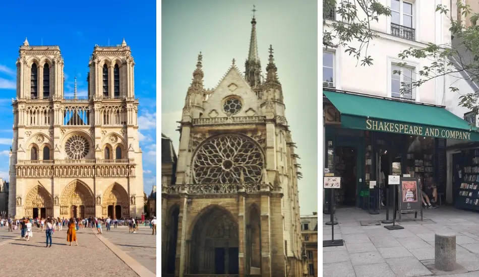 Top attractions near the Seine River Cruise dock at Pont Neuf, including Notre-Dame Cathedral, Sainte-Chapelle, and Shakespeare and Company bookstore.