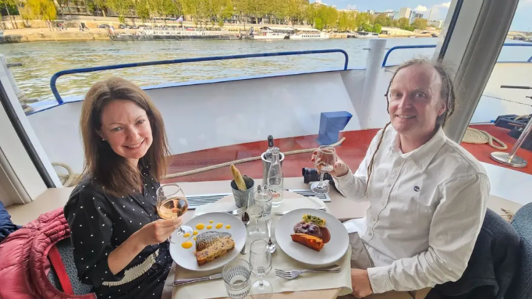 Romantic Seine River cruise meal for two with wine.