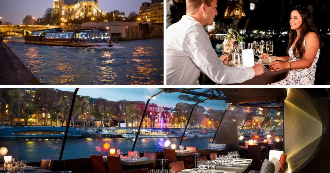 Romantic Seine River dinner cruise with Eiffel Tower views and fine dining.