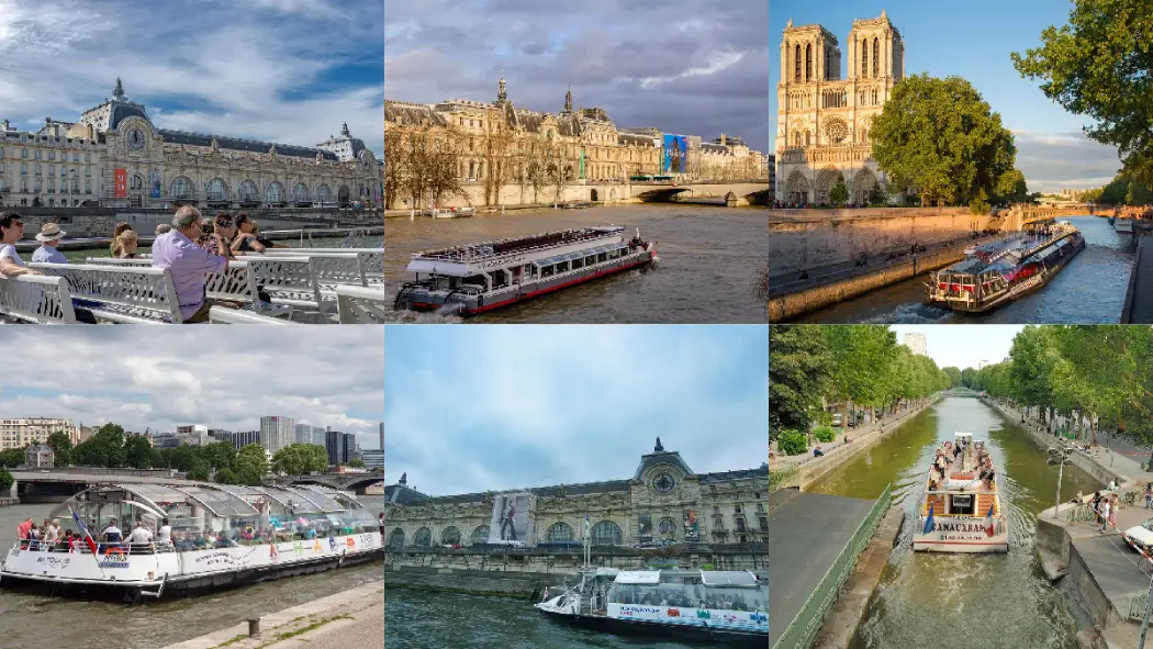 Collage of various Seine River and Canal Saint-Martin cruises passing major Paris landmarks like Notre-Dame and Musée d'Orsay