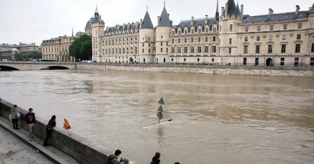 Seine River flooding near Conciergerie Palace in central Paris.